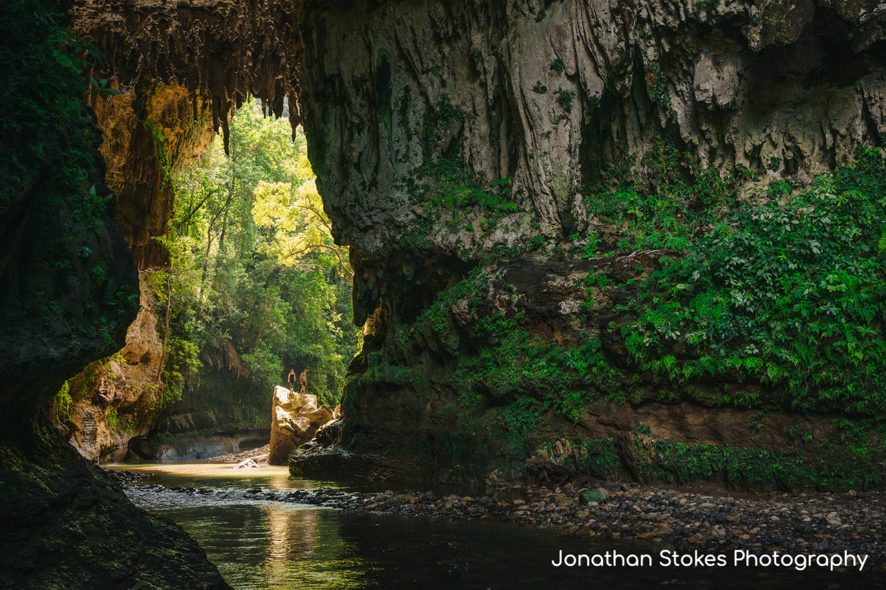 Sunlit cave opening with lush greenery and a flowing stream.